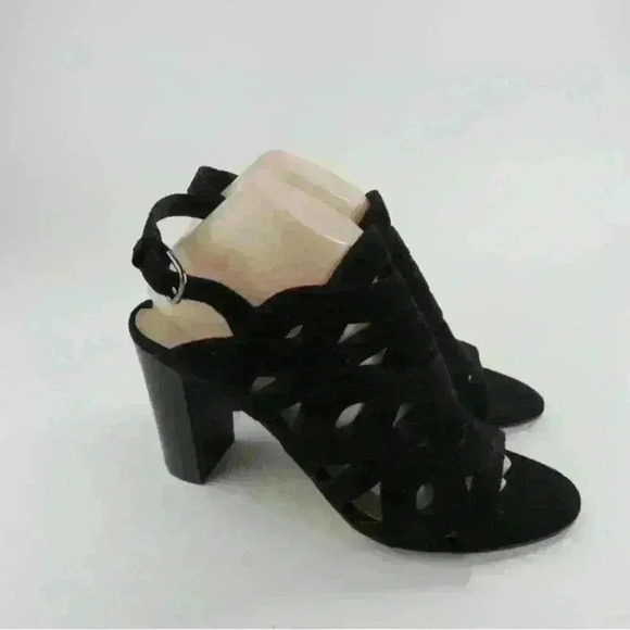 Via Spiga Black Suede Ankle Strap Sandal Heels Open Toe Size 9M Cutout Shoes - Picture 3 of 15